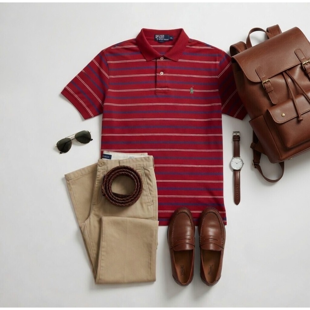 Polo By Ralph Lauren Red Polo With‎ Blue And White Stripes.